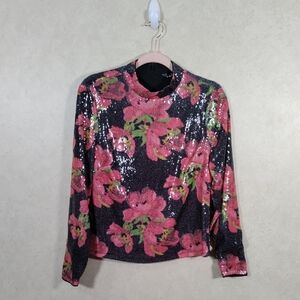 01109 Nicole Miller black w/pink & red sequin floral L/S blouse M